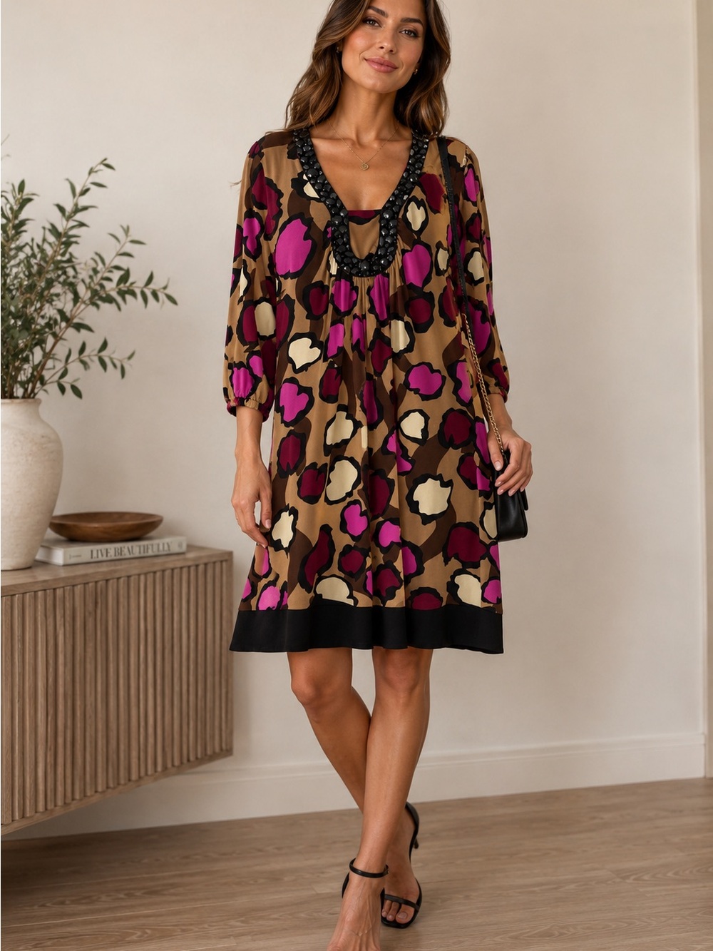 INC International Concepts Tan Midi Dress with Fuchsia and Black Accents